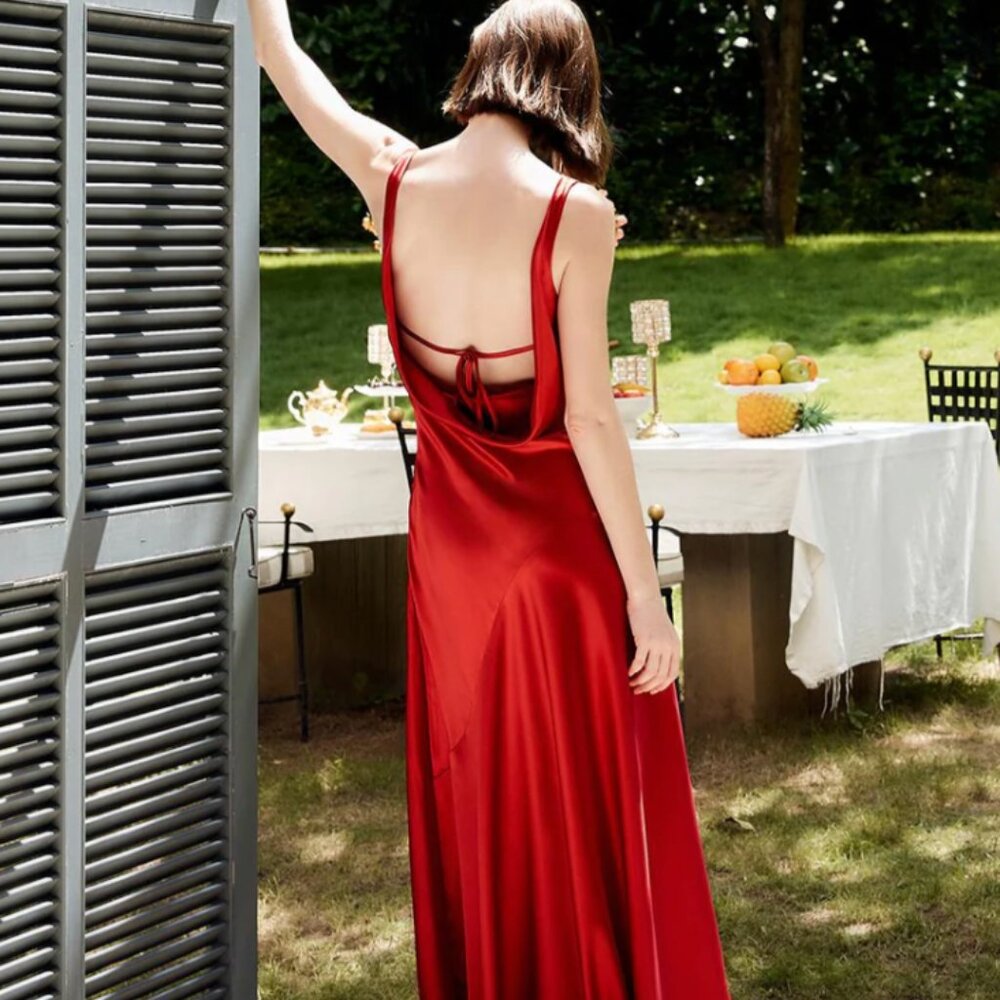 Commense Backless Satin Cowl Neck Red Maxi Dress - Snag at Hem - Picture 3 of 8